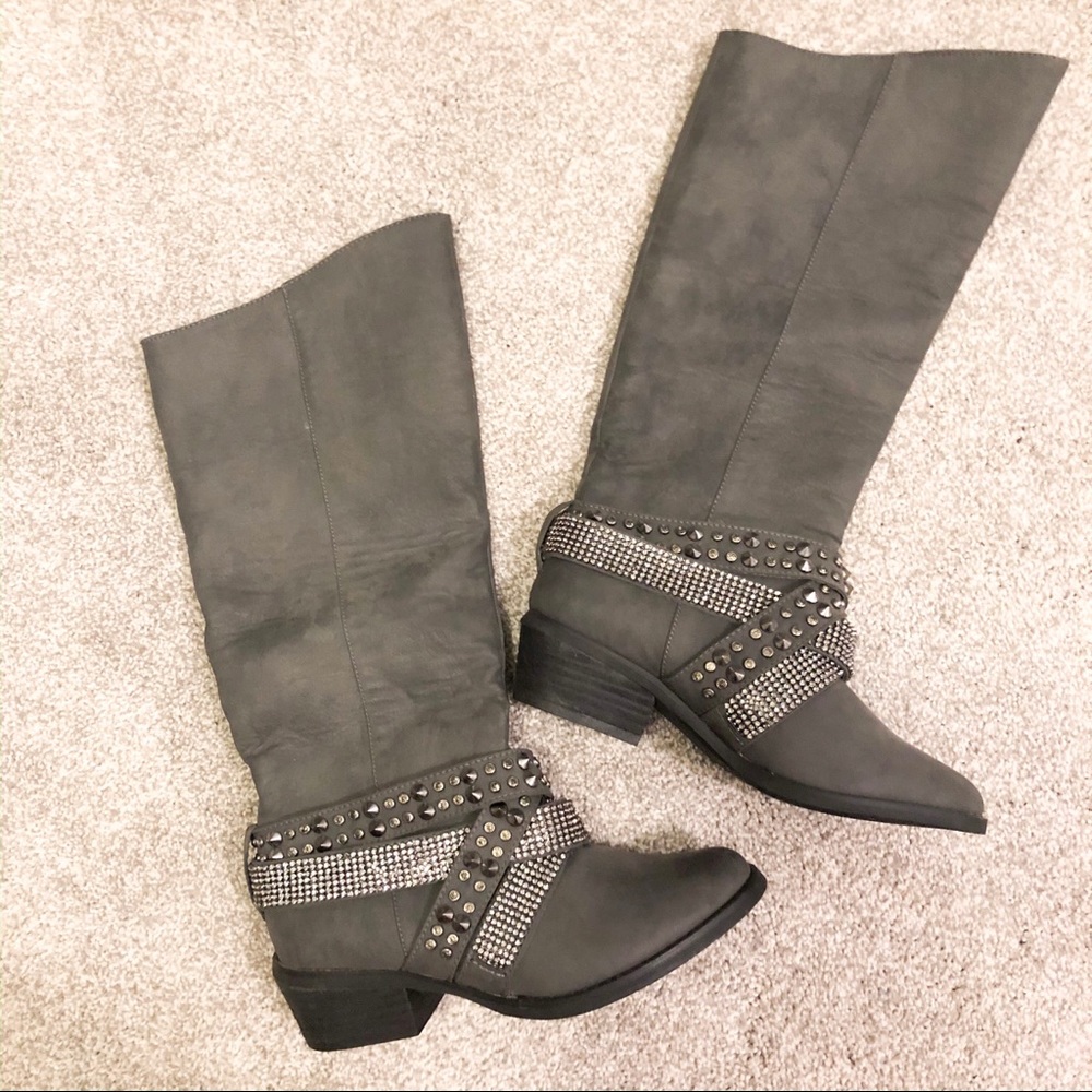 Gray bling leather boots